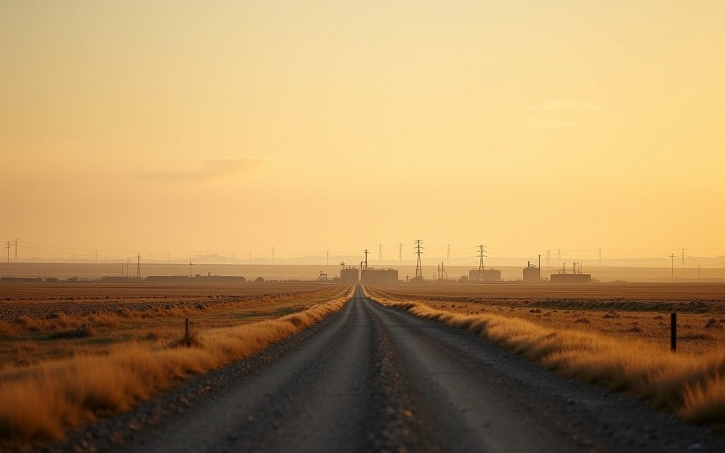 Southern Alberta prairie landscape with oilfield tank batteries and a gravel lease road under a wide sky at golden hour