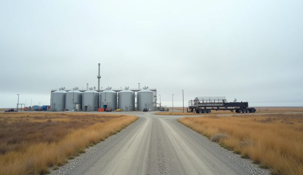 Oilfield disposal facility entrance with receiving tanks and a metering skid on the prairie