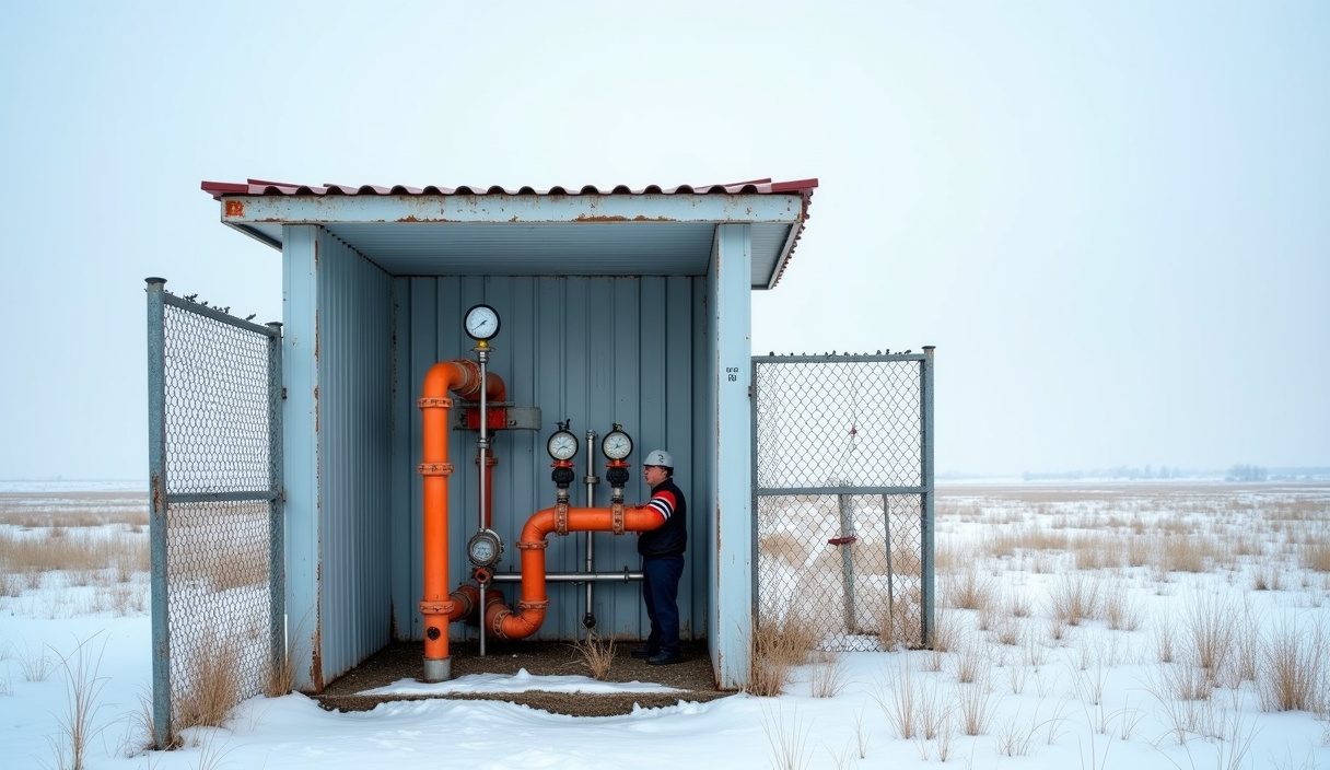 Injection wellhead with pressure gauges and piping on a fenced oilfield lease in winter