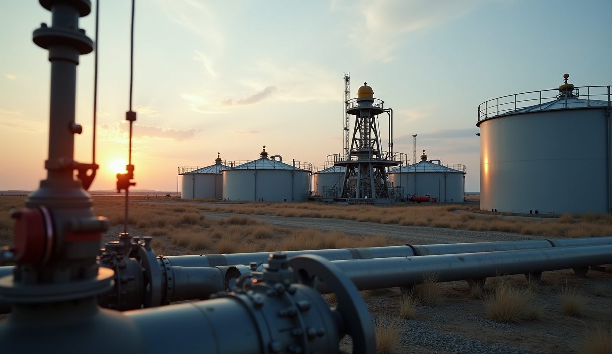 Oilfield separator and produced water storage tanks on a southern Alberta lease at dusk