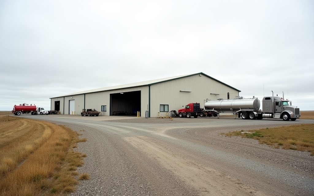 Oilfield waste receiving facility with truck unloading bay, receiving tanks and metering skid