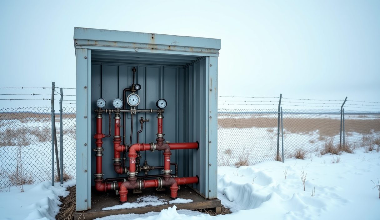 Injection wellhead with pressure gauges and valves inside a fenced enclosure on a snowy lease