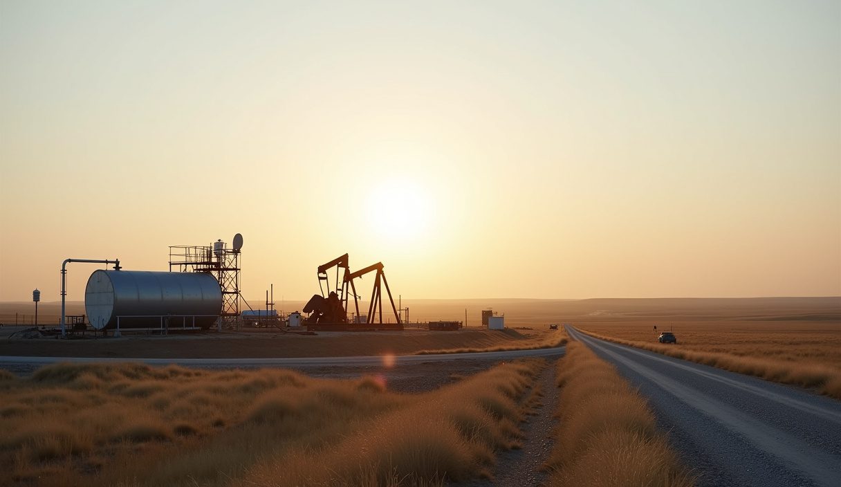 Oilfield tank battery and injection wellhead on a southern Alberta lease with prairie and big sky behind