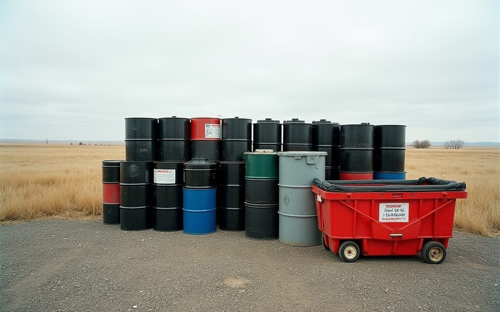 Lease waste collection area with used filter drums and labelled waste oil containers on a gravel pad