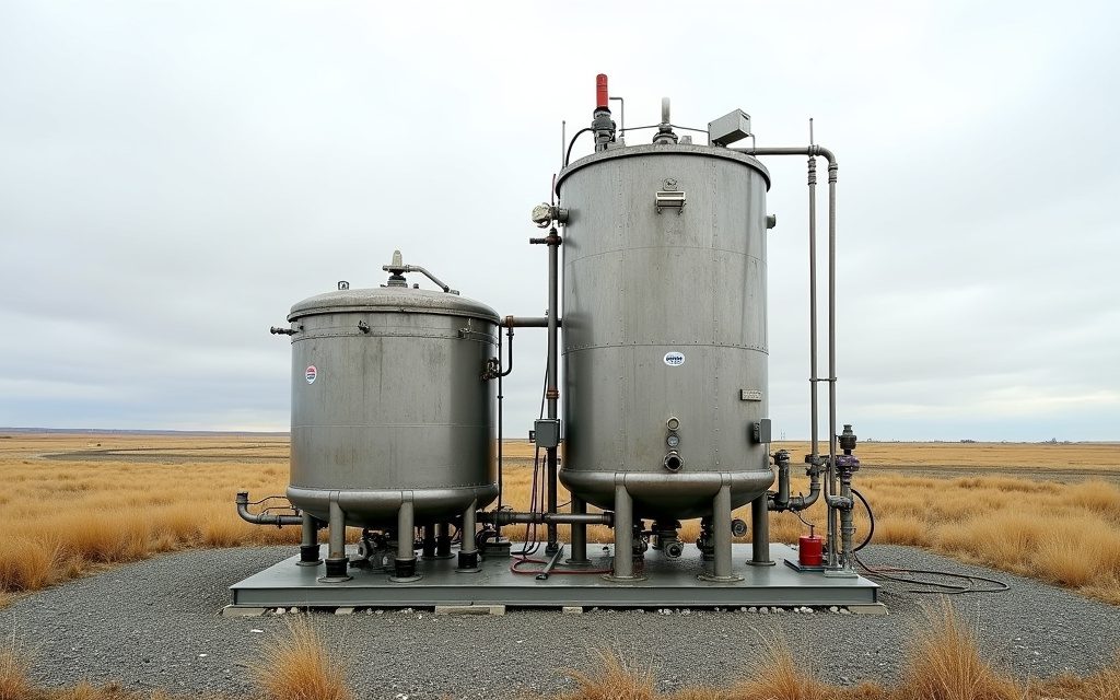 Oilfield skim tank and filter vessels with piping on a gravel lease pad