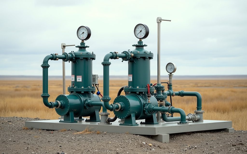 Water injection plant with pumps and manifold piping on a gravel oilfield lease pad